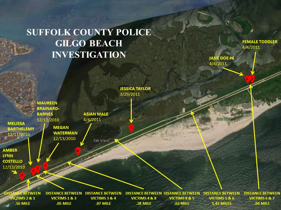 Suffolk County Police Department map showing where each body was found. Master Image